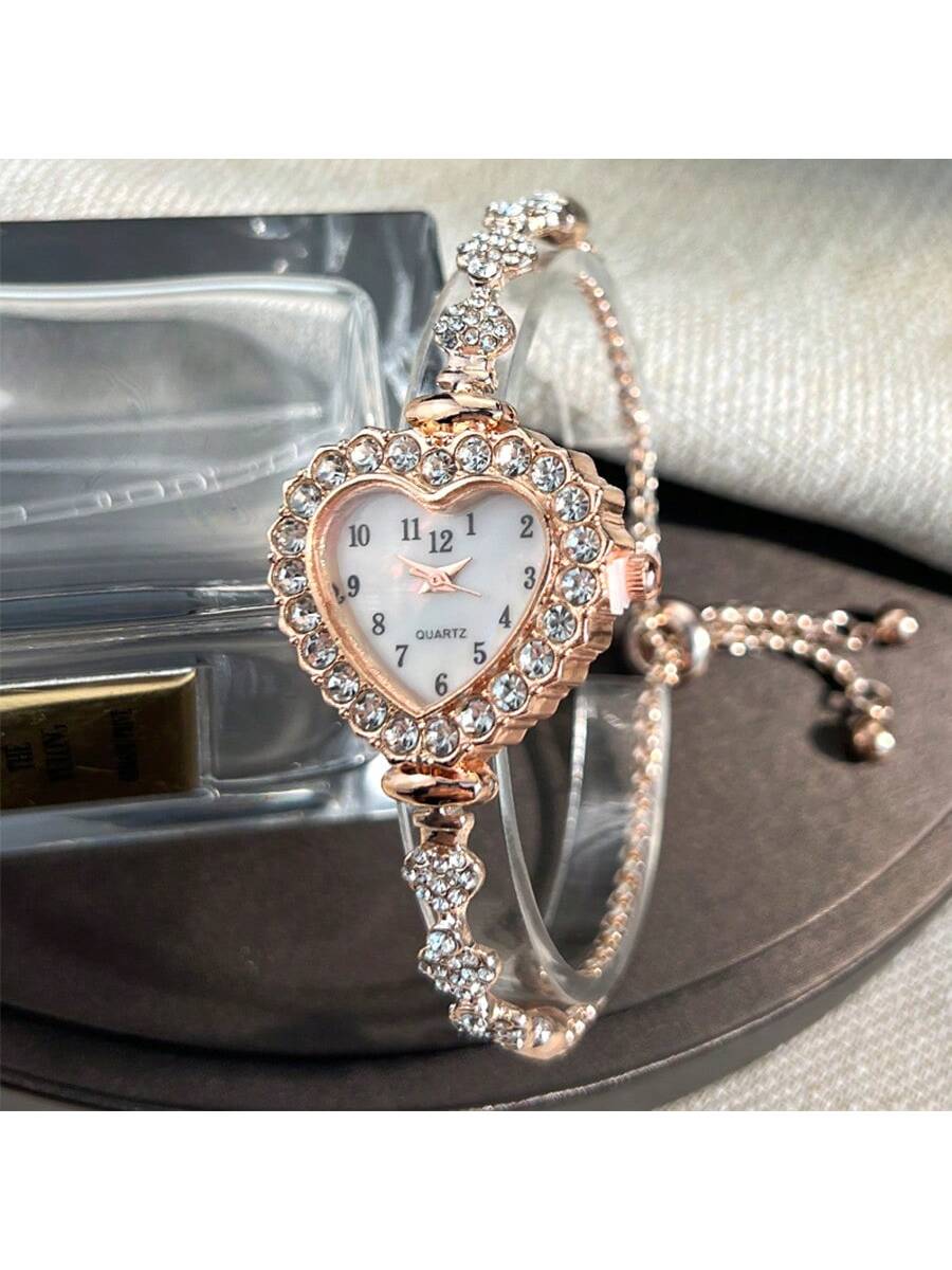 Women's Rhinestone Watch - Arabic Numerals & Heart Dial - Quartz Fashion Chain Bracelet - Elegant & Convenient Daily Wear Timepiece - Gift for Her -  Compatible