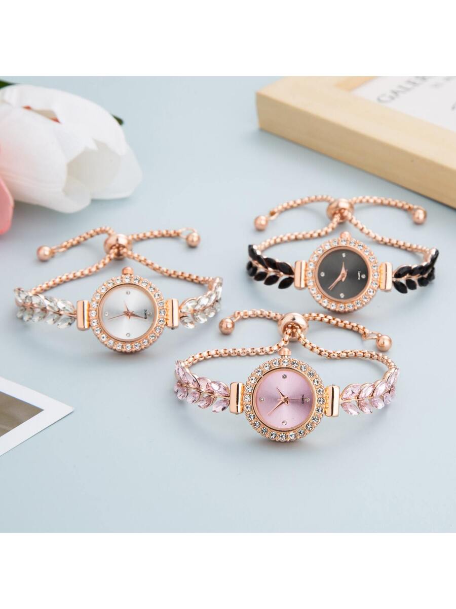 Women's Elegant Crystal Bracelet Watch – Round Dial, Leaf & Bead Strap Design