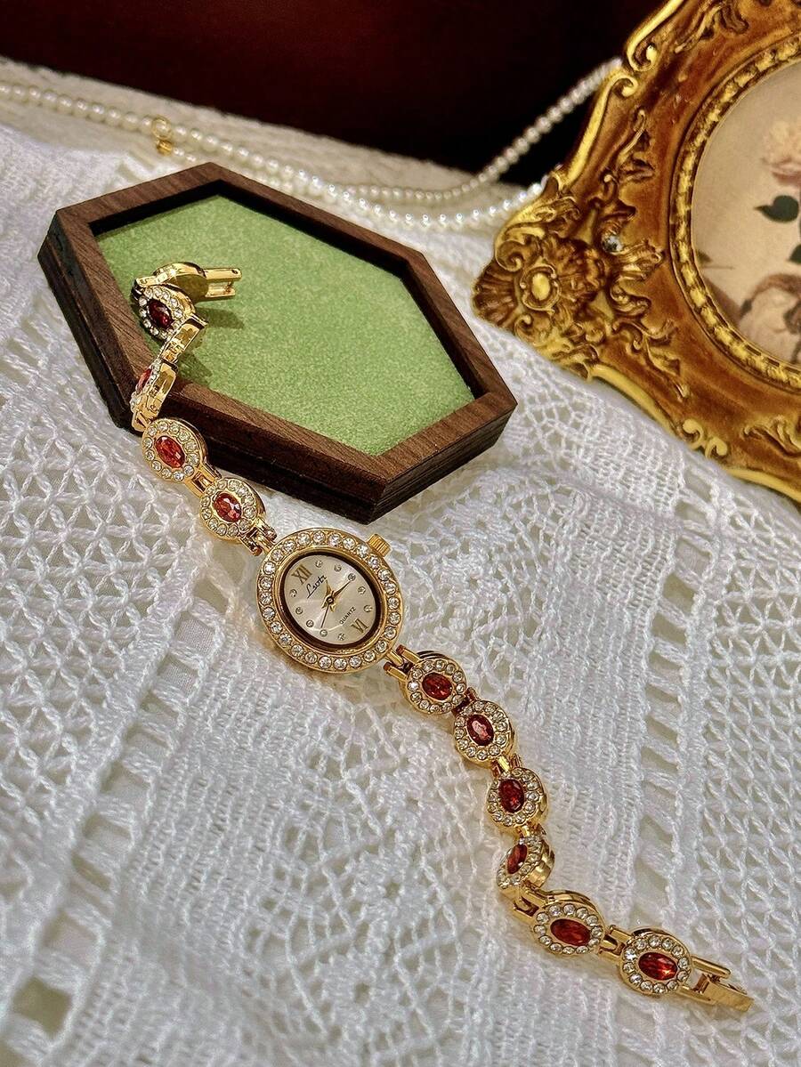 1pc New High-End Colorful Aquamarine Gemstone & Cubic Zirconia Inlaid Luxury Vintage Elegant Women’s Watch