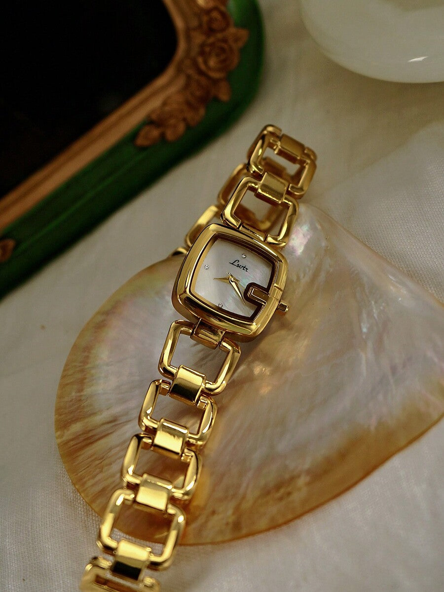 1pc Elegant & Women's Quartz Watch Silver-Tone Stainless Steel Strap, Rhinestone Decor, Mother-of-Pearl Dial