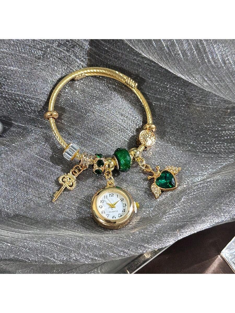 Women's Fashionable Stretch Bracelet Watch with Pink Heart, Floral, Rhinestone & Colorful Beads