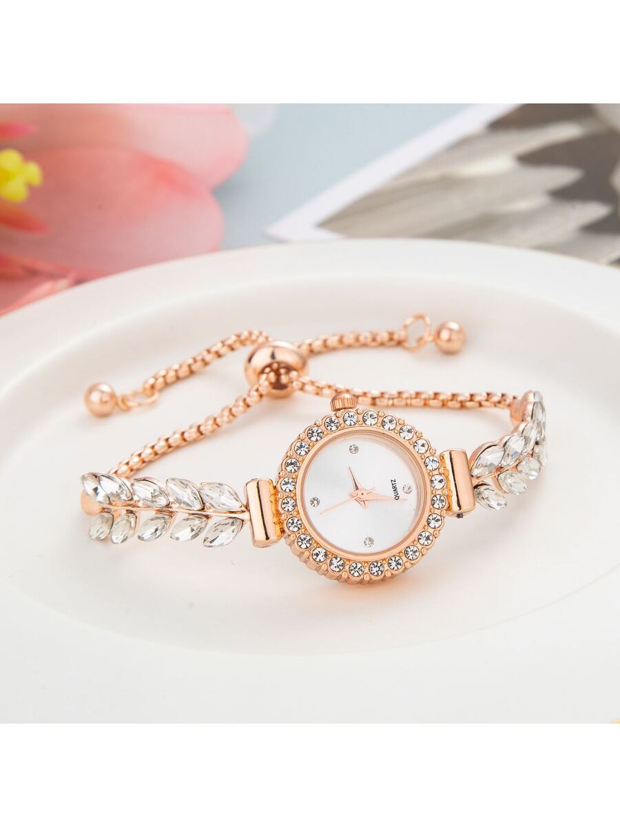 Women's Elegant Crystal Bracelet Watch – Round Dial, Leaf & Bead Strap Design