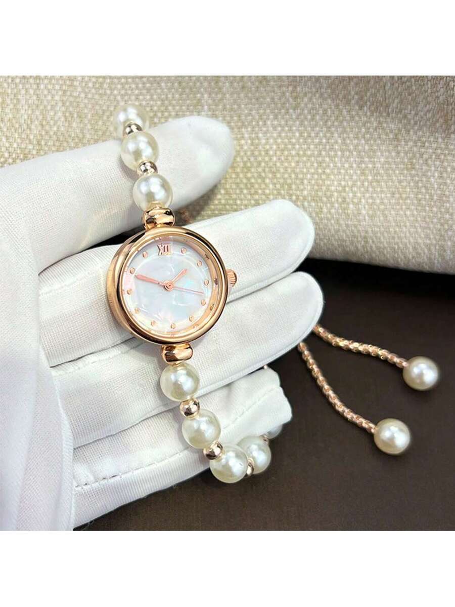 1pc Women Pearl Pull-Out Watch Chain, Exquisite Round Case, Fashion Metal Bracelet Watch, Suitable for Students