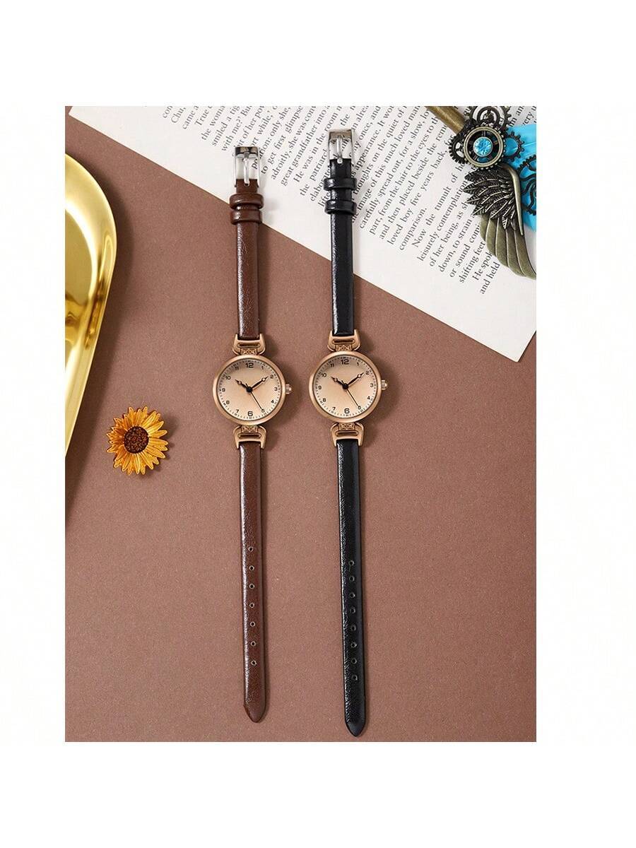 Women's Vintage Style Quartz Watch – Brown PU Leather Strap & Round Dial