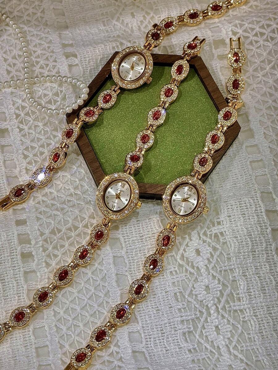 1pc New High-End Colorful Aquamarine Gemstone & Cubic Zirconia Inlaid Luxury Vintage Elegant Women’s Watch