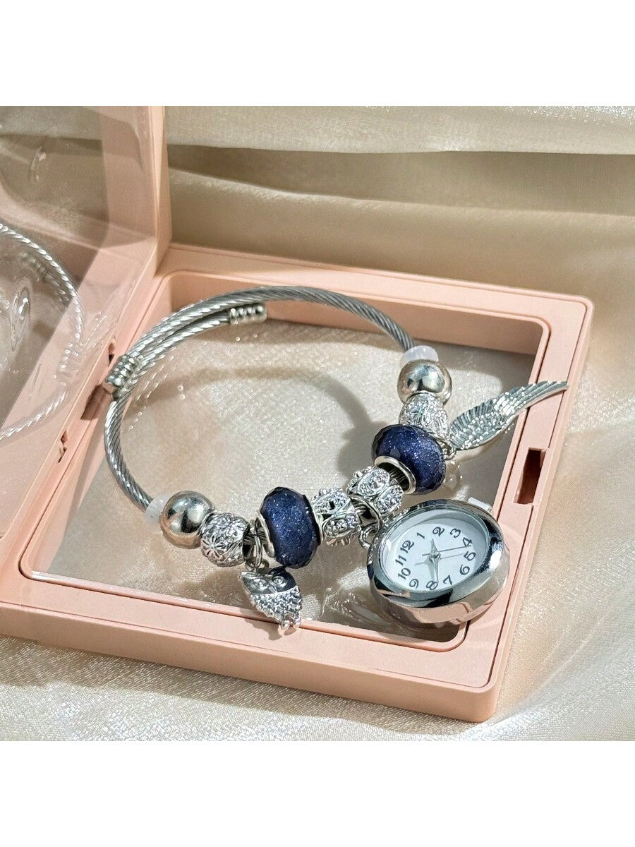 Women's Fashionable Stretch Bracelet Watch with Pink Heart, Floral, Rhinestone & Colorful Beads