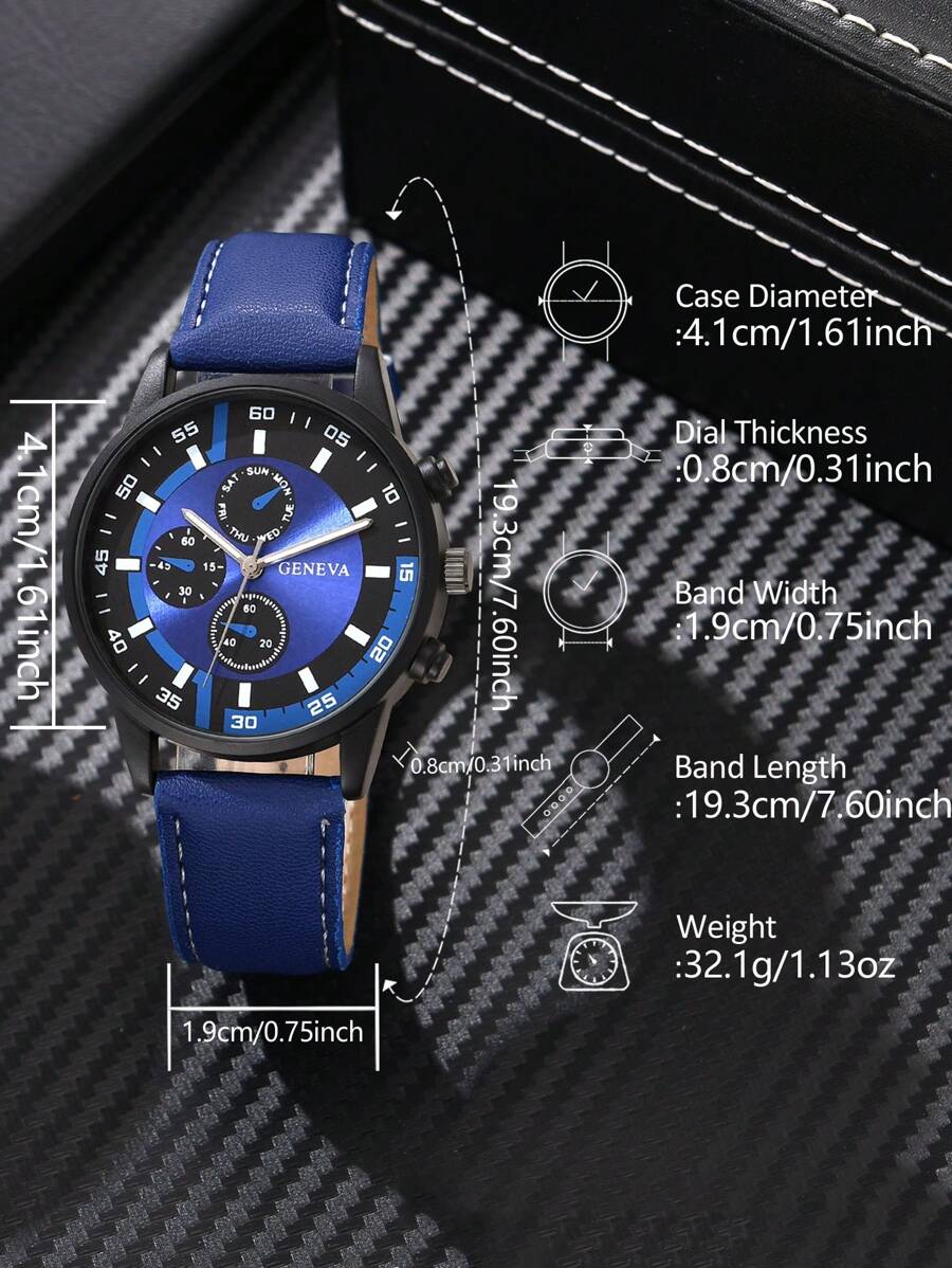 2Pcs Men's Black PU Leather Strap Fashionable Casual Classic Retro Three Eye Dial Quartz Watch Bracelet Set