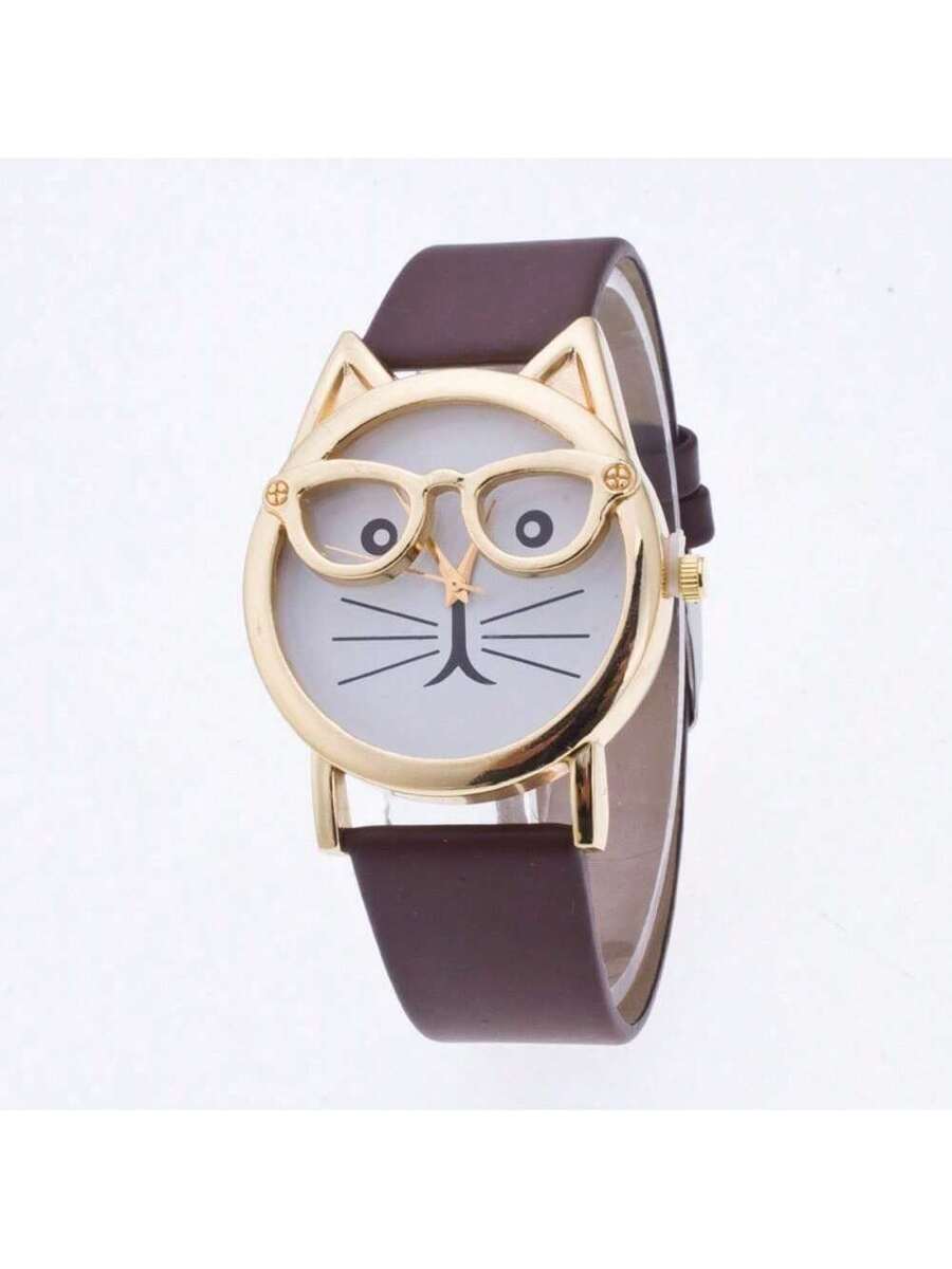 Cat Dial Gift Fashion With Glasses Strap Quartz Men's And Women's Watches (Large Dial)
