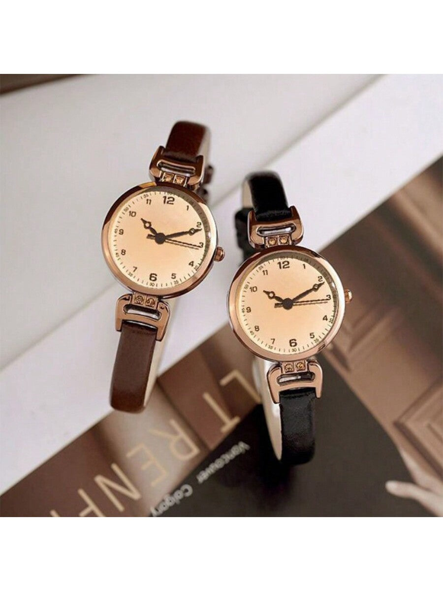 Women's Vintage Style Quartz Watch – Brown PU Leather Strap & Round Dial