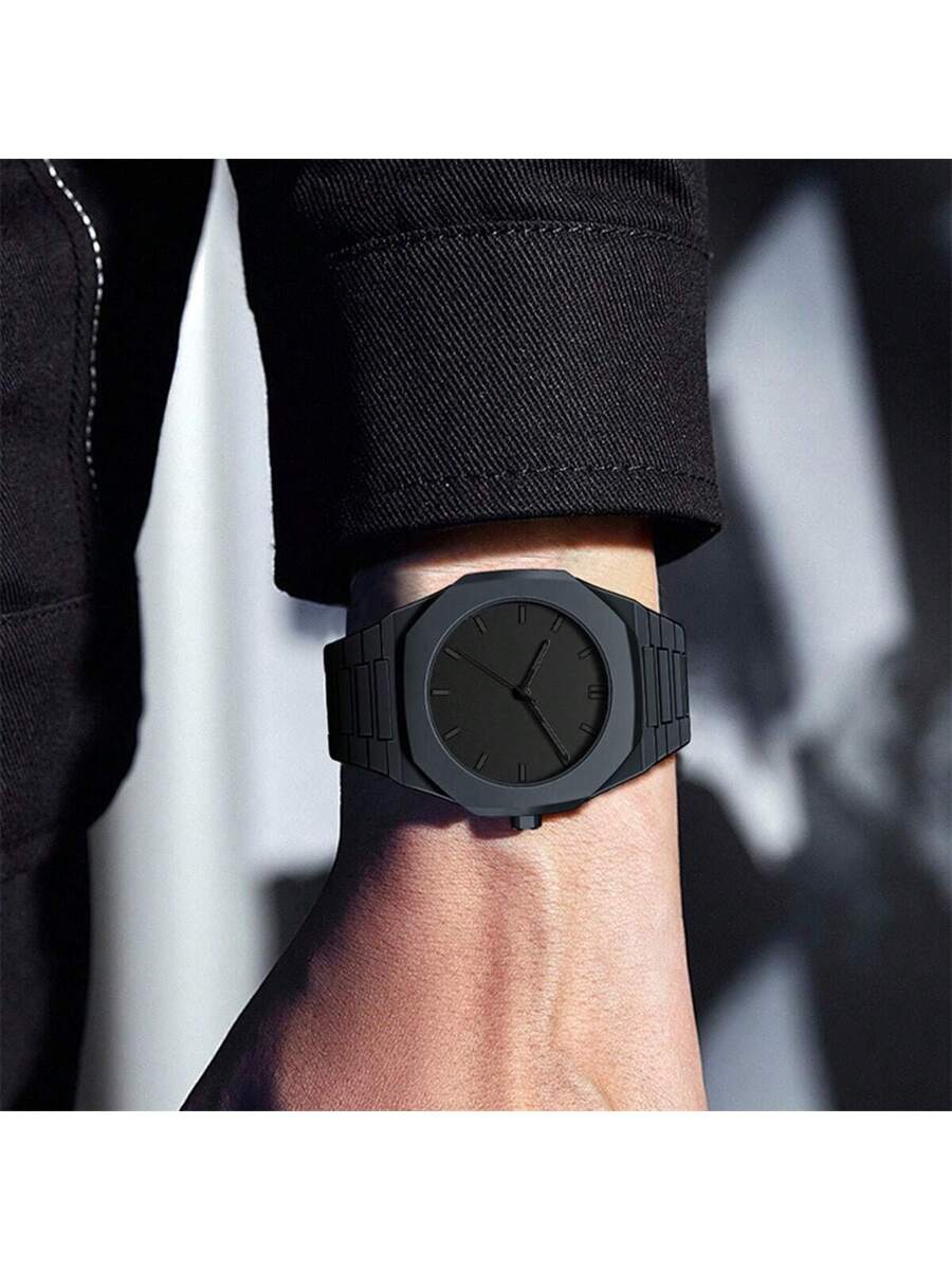 1 Piece Men's And Women's Black Rubber Strap Sporty, Casual, Creative Design, Adjustable Strap, Studded Round Dial Watch