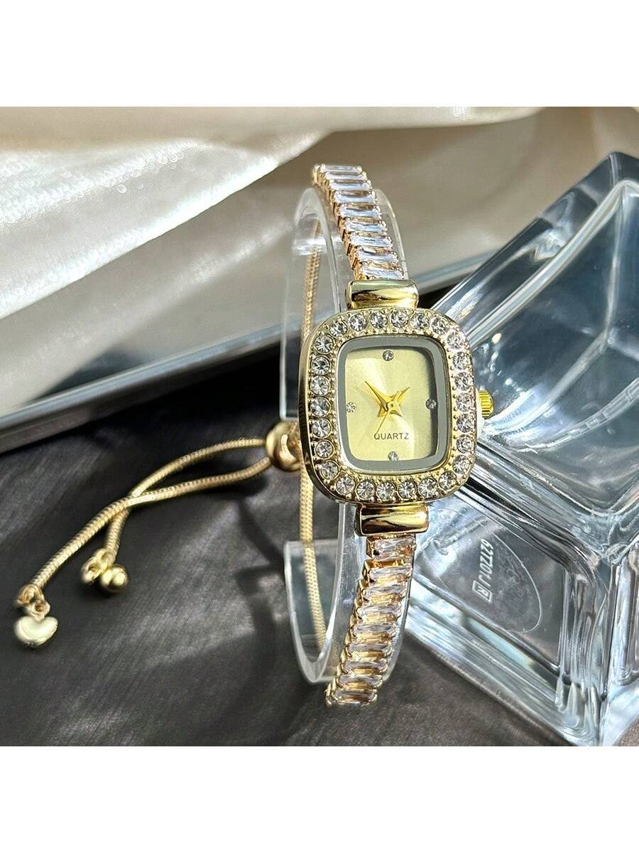 1pc Women's Black Cubic Zirconia Embellished Adjustable Bracelet Watch