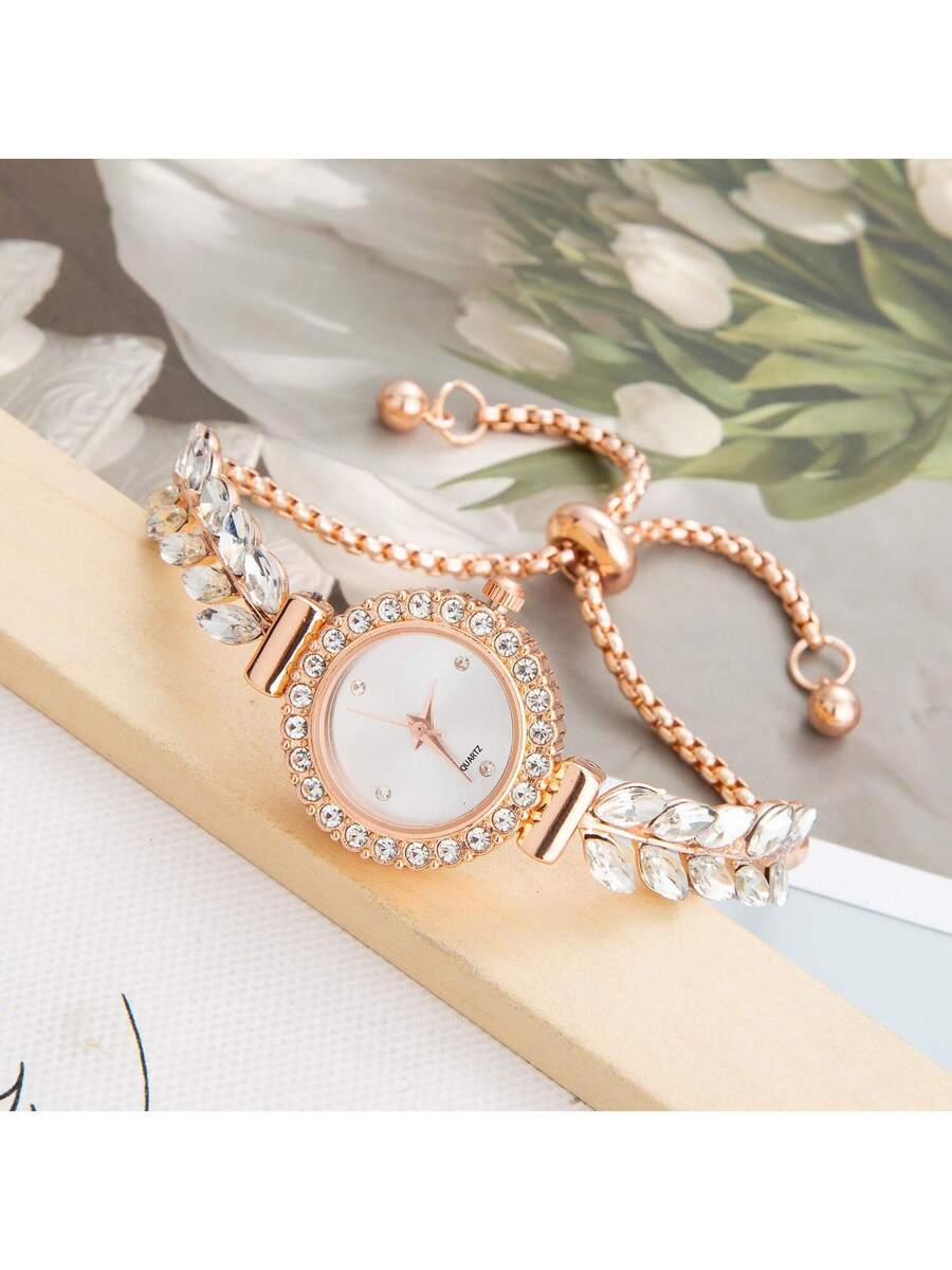 Women's Elegant Crystal Bracelet Watch – Round Dial, Leaf & Bead Strap Design