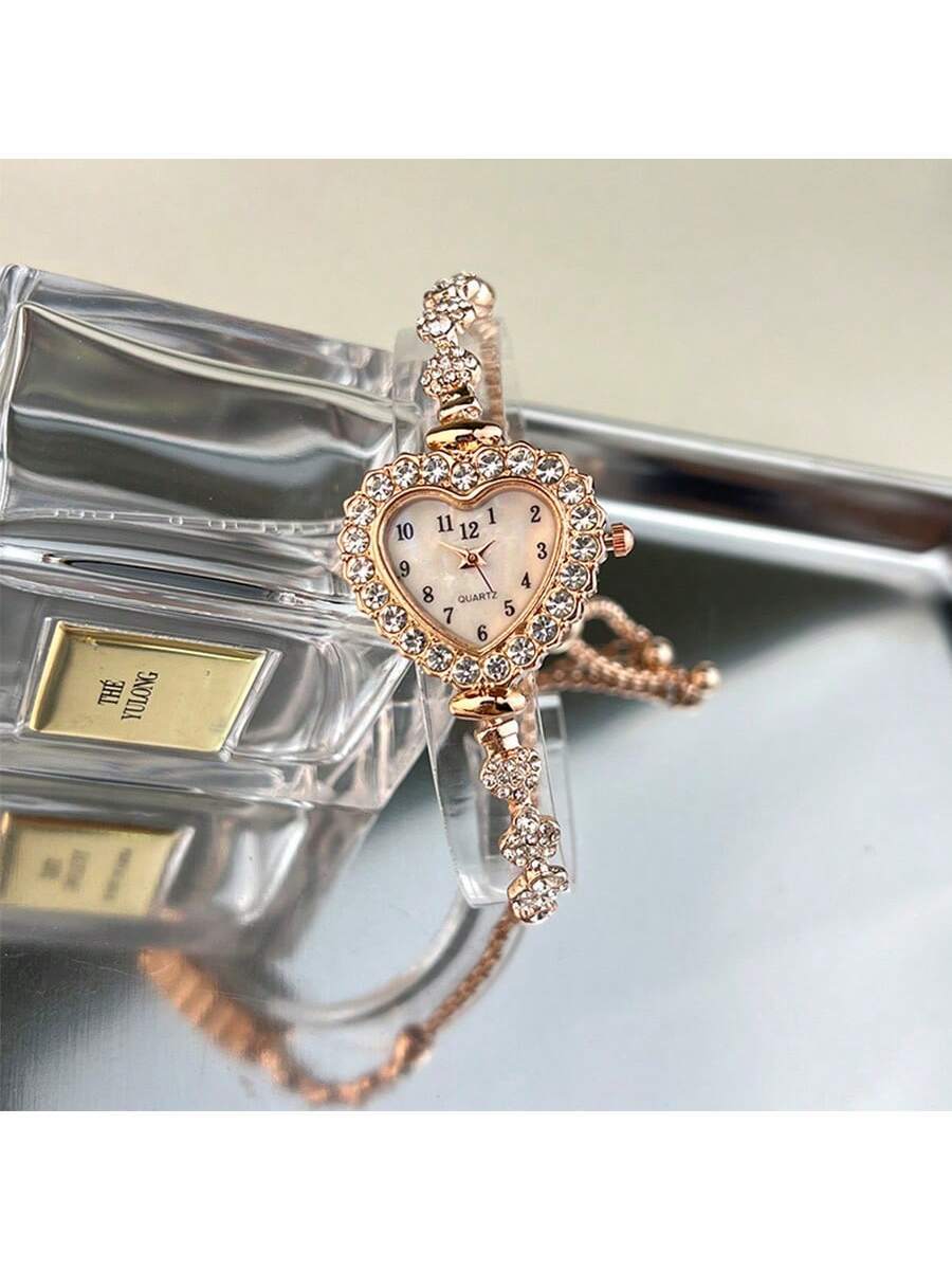 Women's Rhinestone Watch - Arabic Numerals & Heart Dial - Quartz Fashion Chain Bracelet - Elegant & Convenient Daily Wear Timepiece - Gift for Her -  Compatible
