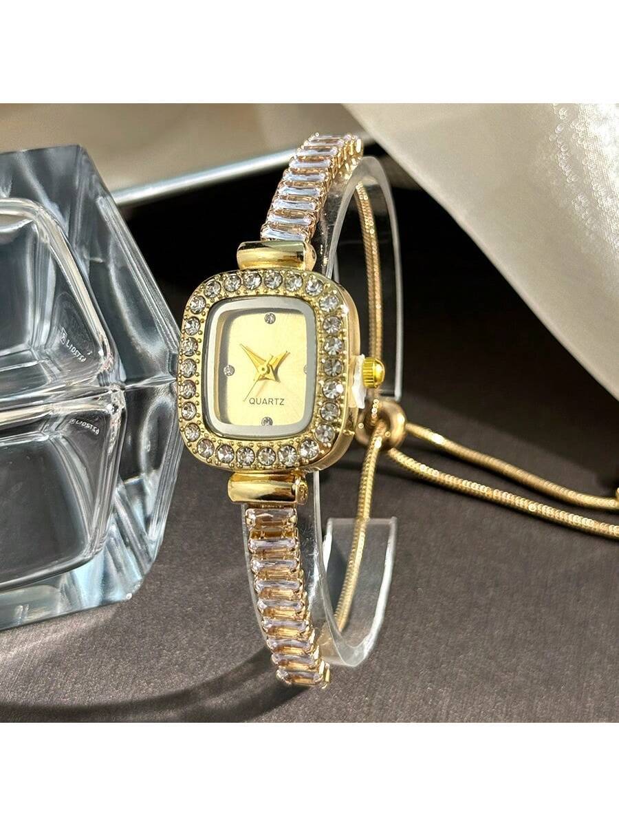 1pc Women's Black Cubic Zirconia Embellished Adjustable Bracelet Watch