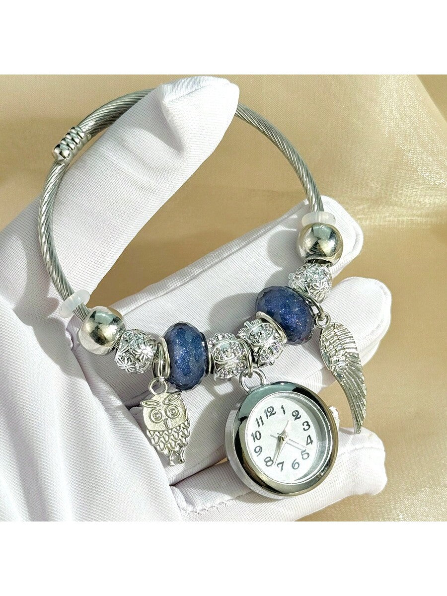 Women's Fashionable Stretch Bracelet Watch with Pink Heart, Floral, Rhinestone & Colorful Beads