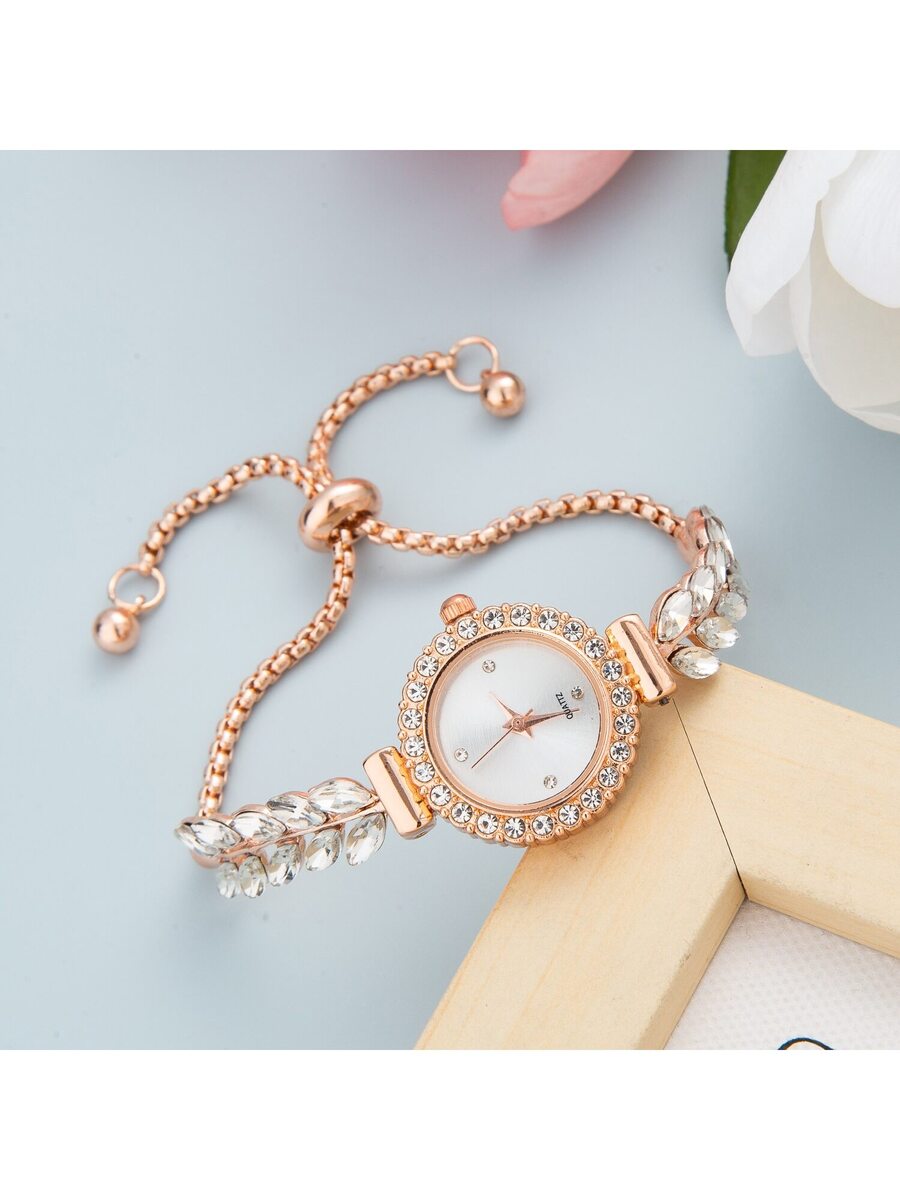 Women's Elegant Crystal Bracelet Watch – Round Dial, Leaf & Bead Strap Design