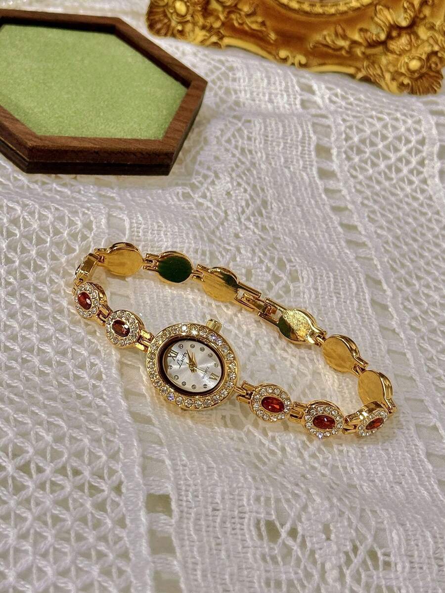 1pc New High-End Colorful Aquamarine Gemstone & Cubic Zirconia Inlaid Luxury Vintage Elegant Women’s Watch