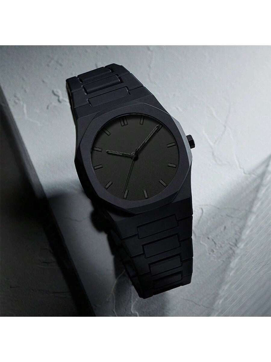 1 Piece Men's And Women's Black Rubber Strap Sporty, Casual, Creative Design, Adjustable Strap, Studded Round Dial Watch