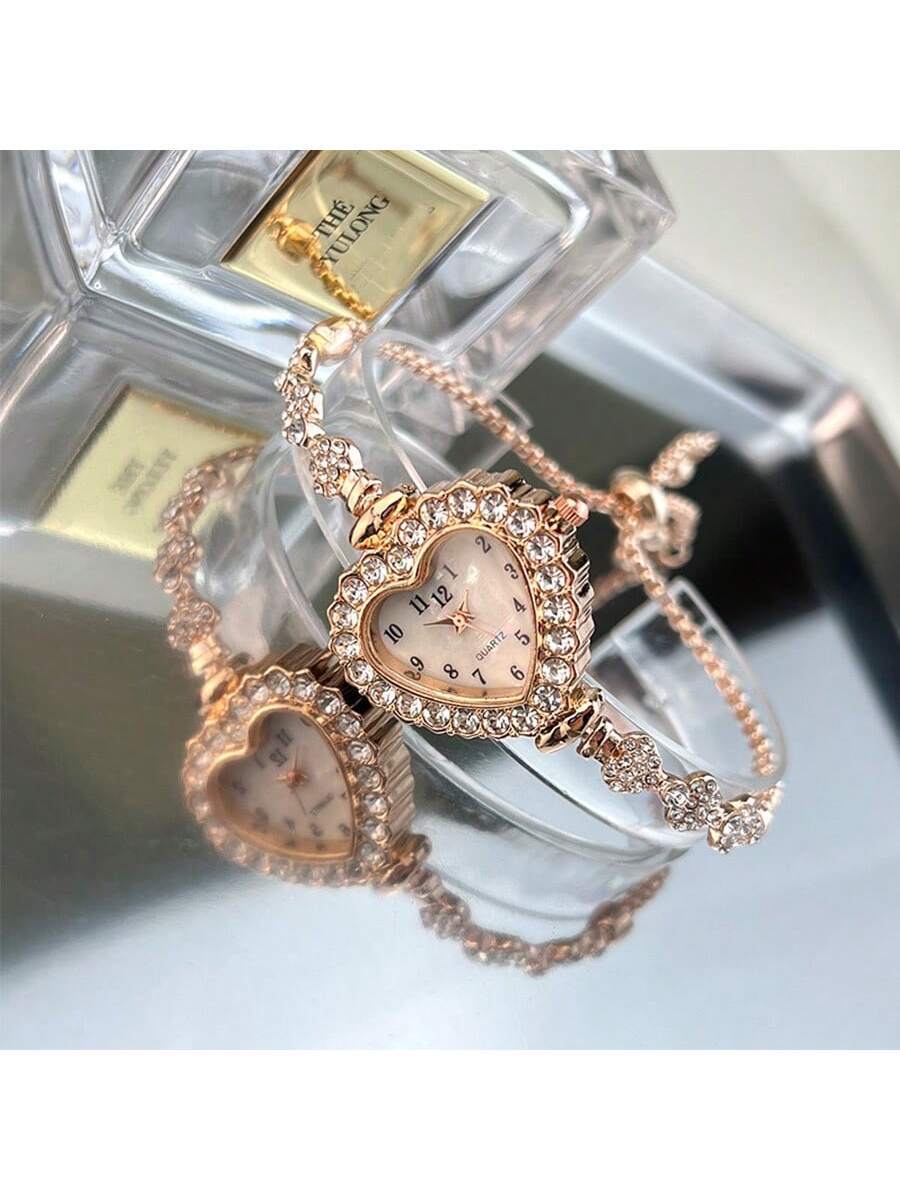 Women's Rhinestone Watch - Arabic Numerals & Heart Dial - Quartz Fashion Chain Bracelet - Elegant & Convenient Daily Wear Timepiece - Gift for Her -  Compatible