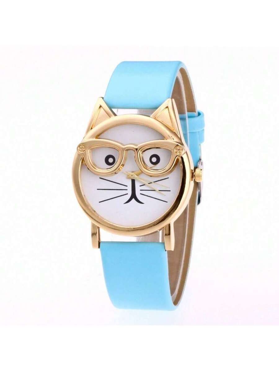 Cat Dial Gift Fashion With Glasses Strap Quartz Men's And Women's Watches (Large Dial)
