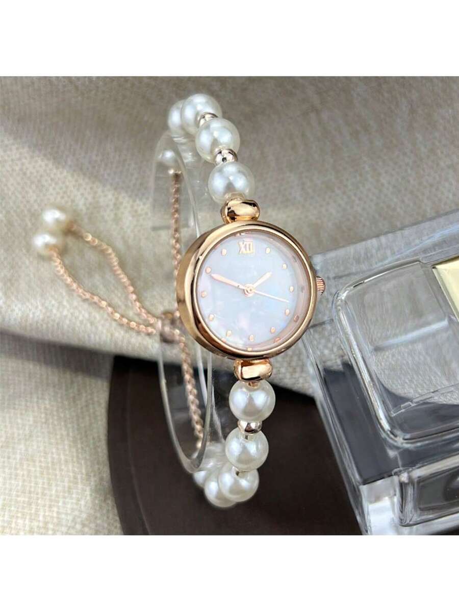 1pc Women Pearl Pull-Out Watch Chain, Exquisite Round Case, Fashion Metal Bracelet Watch, Suitable for Students