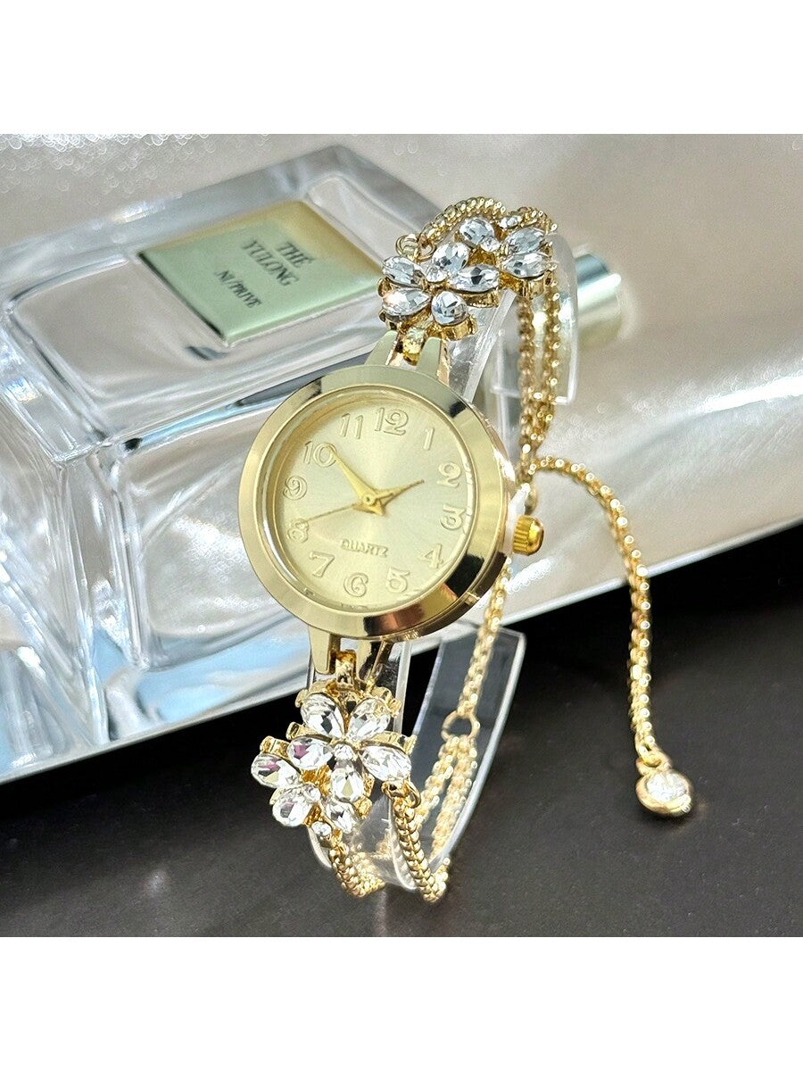 Women's Elegant Quartz Watch – Floral Crystal Bracelet with Green Dial & Gold Accents