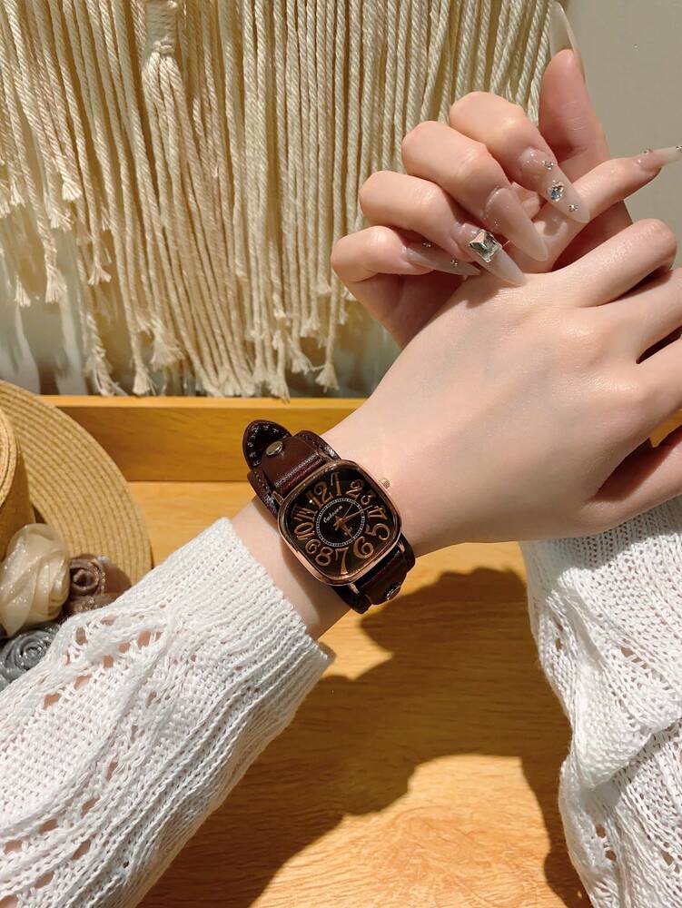 1pc Women’s Vintage Numerals Dial Quartz Watch With Simple & Fashionable Strap