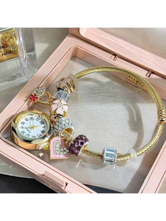 Women's Fashionable Stretch Bracelet Watch with Pink Heart, Floral, Rhinestone & Colorful Beads