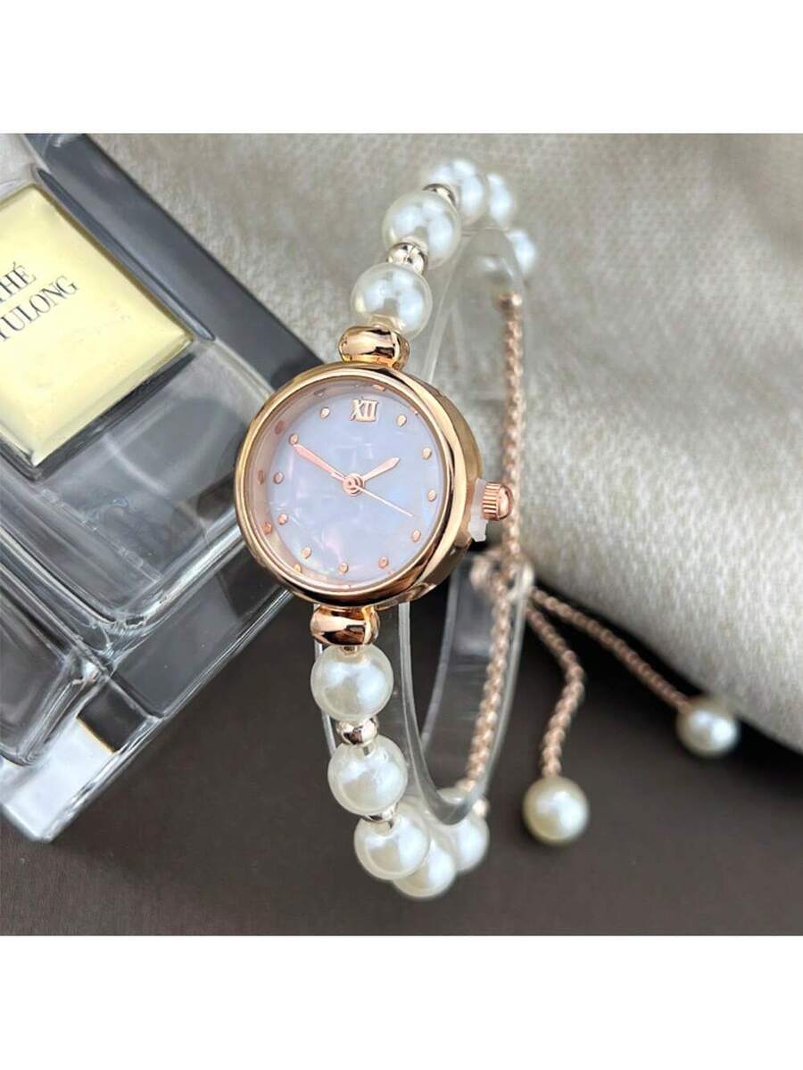 1pc Women Pearl Pull-Out Watch Chain, Exquisite Round Case, Fashion Metal Bracelet Watch, Suitable for Students