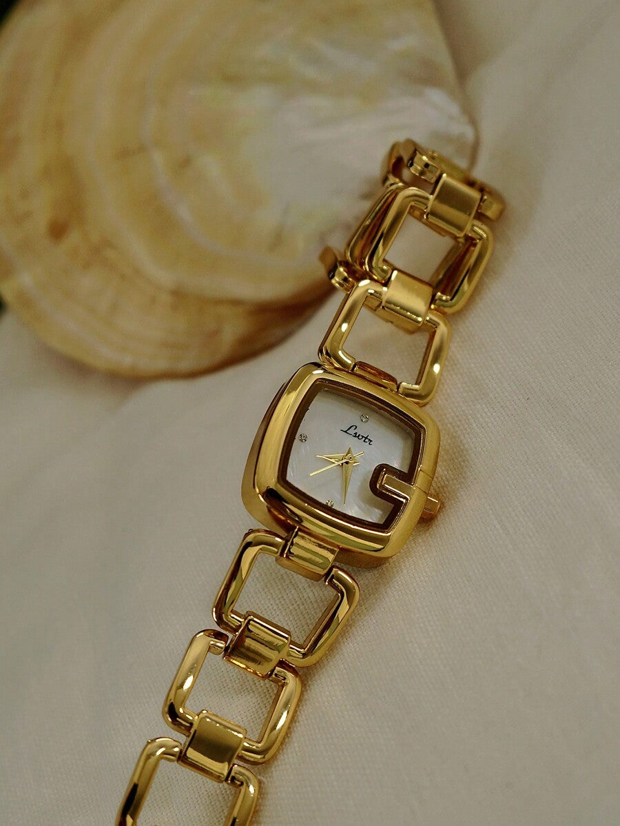 1pc Elegant & Women's Quartz Watch Silver-Tone Stainless Steel Strap, Rhinestone Decor, Mother-of-Pearl Dial