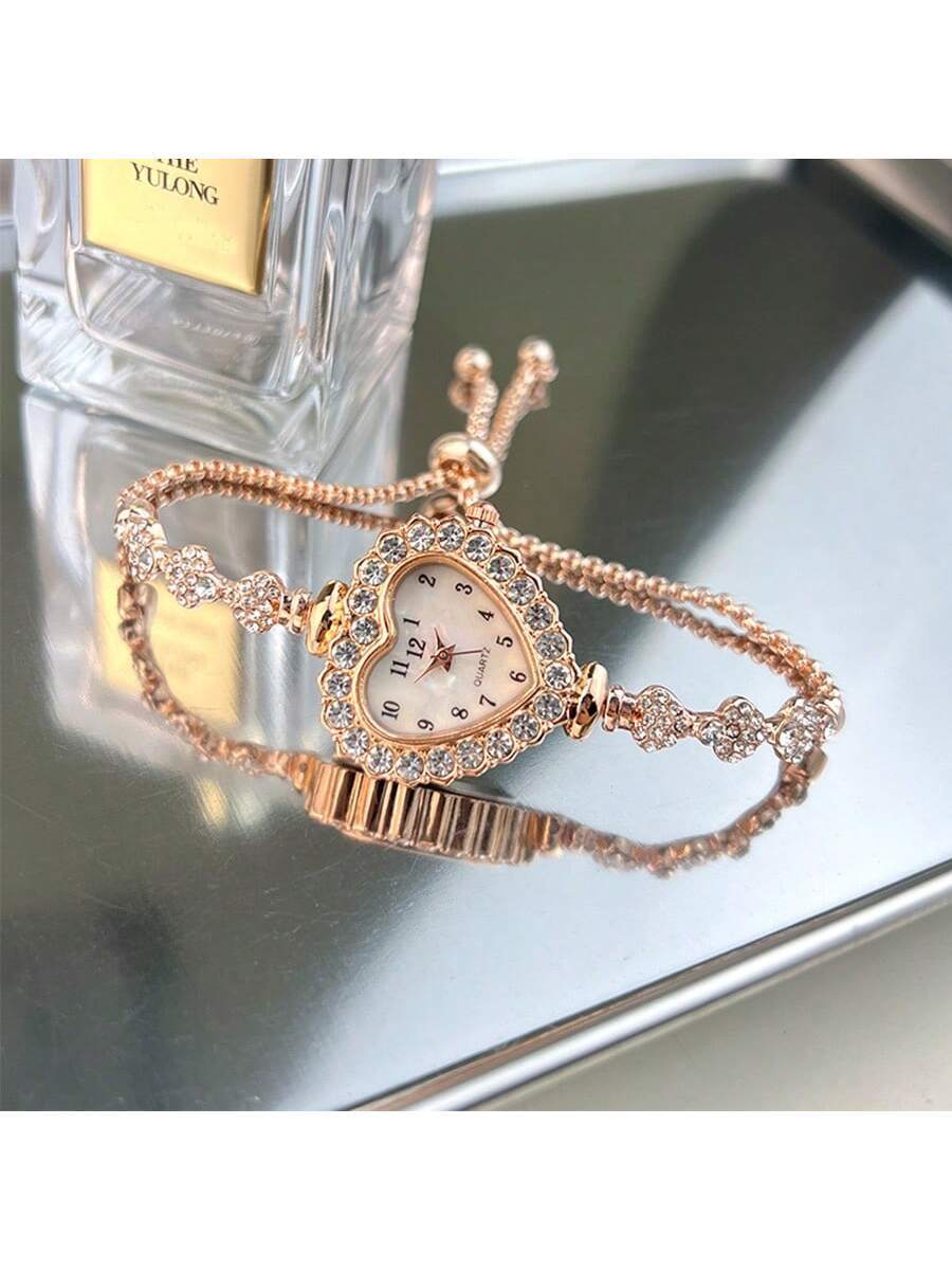 Women's Rhinestone Watch - Arabic Numerals & Heart Dial - Quartz Fashion Chain Bracelet - Elegant & Convenient Daily Wear Timepiece - Gift for Her -  Compatible