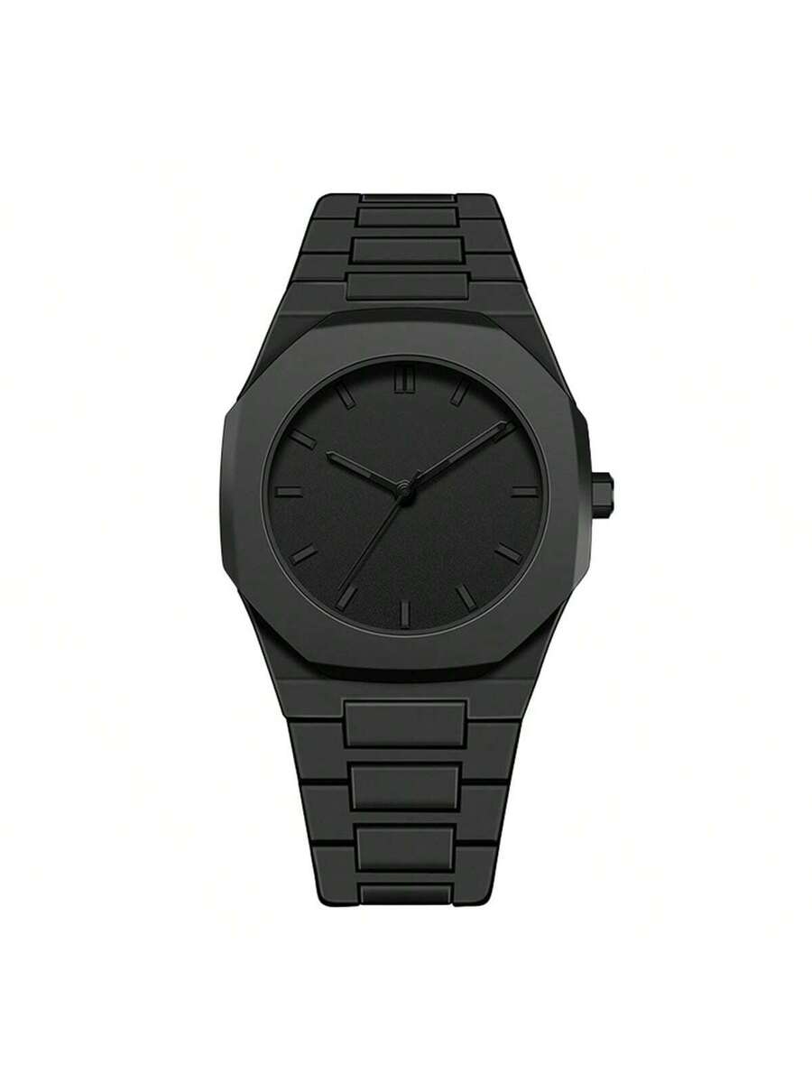 1 Piece Men's And Women's Black Rubber Strap Sporty, Casual, Creative Design, Adjustable Strap, Studded Round Dial Watch