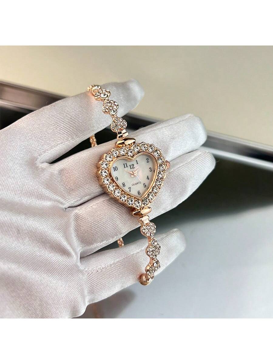 Women's Rhinestone Watch - Arabic Numerals & Heart Dial - Quartz Fashion Chain Bracelet - Elegant & Convenient Daily Wear Timepiece - Gift for Her -  Compatible