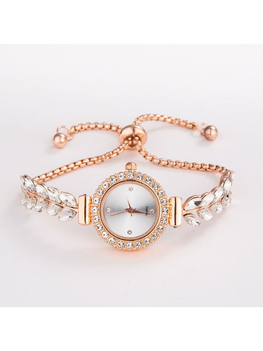 Women's Elegant Crystal Bracelet Watch – Round Dial, Leaf & Bead Strap Design