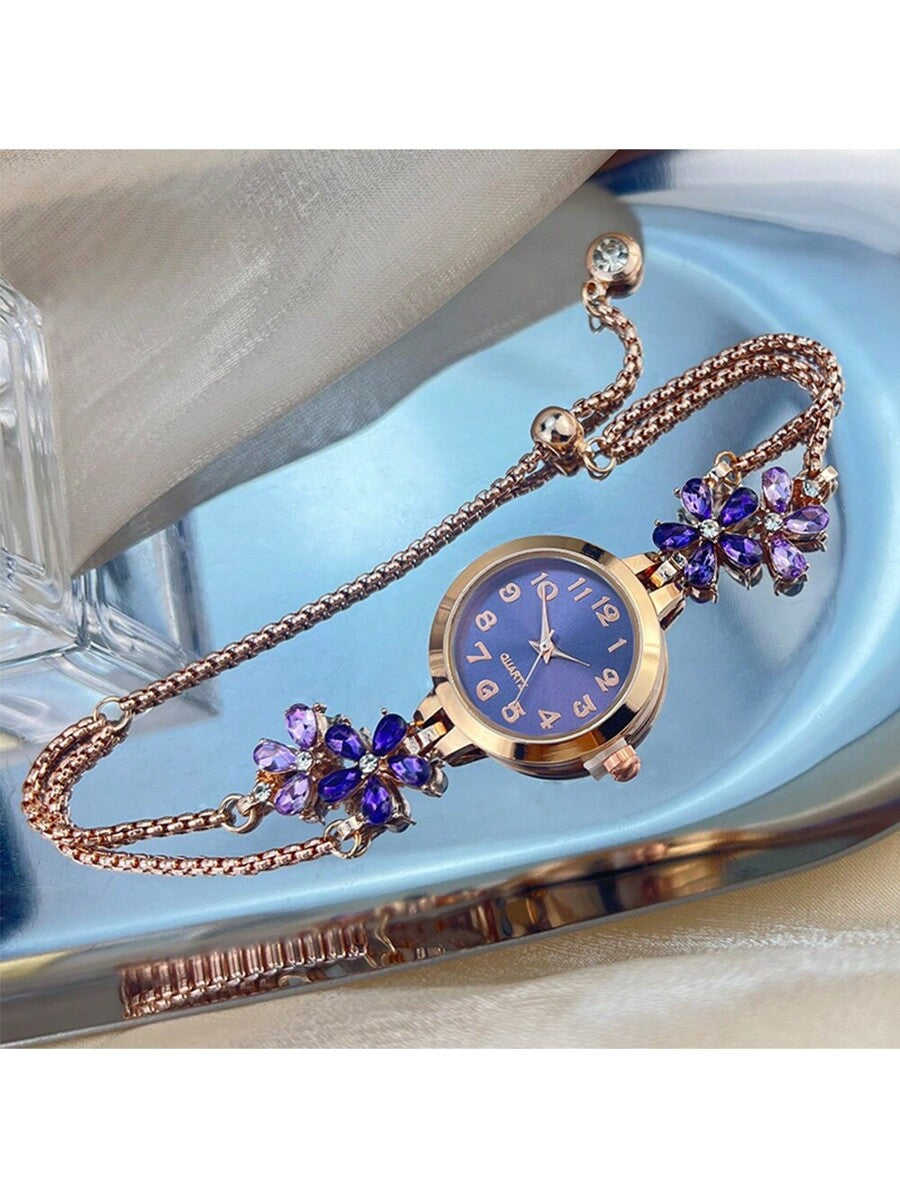 Women's Elegant Quartz Watch – Floral Crystal Bracelet with Green Dial & Gold Accents