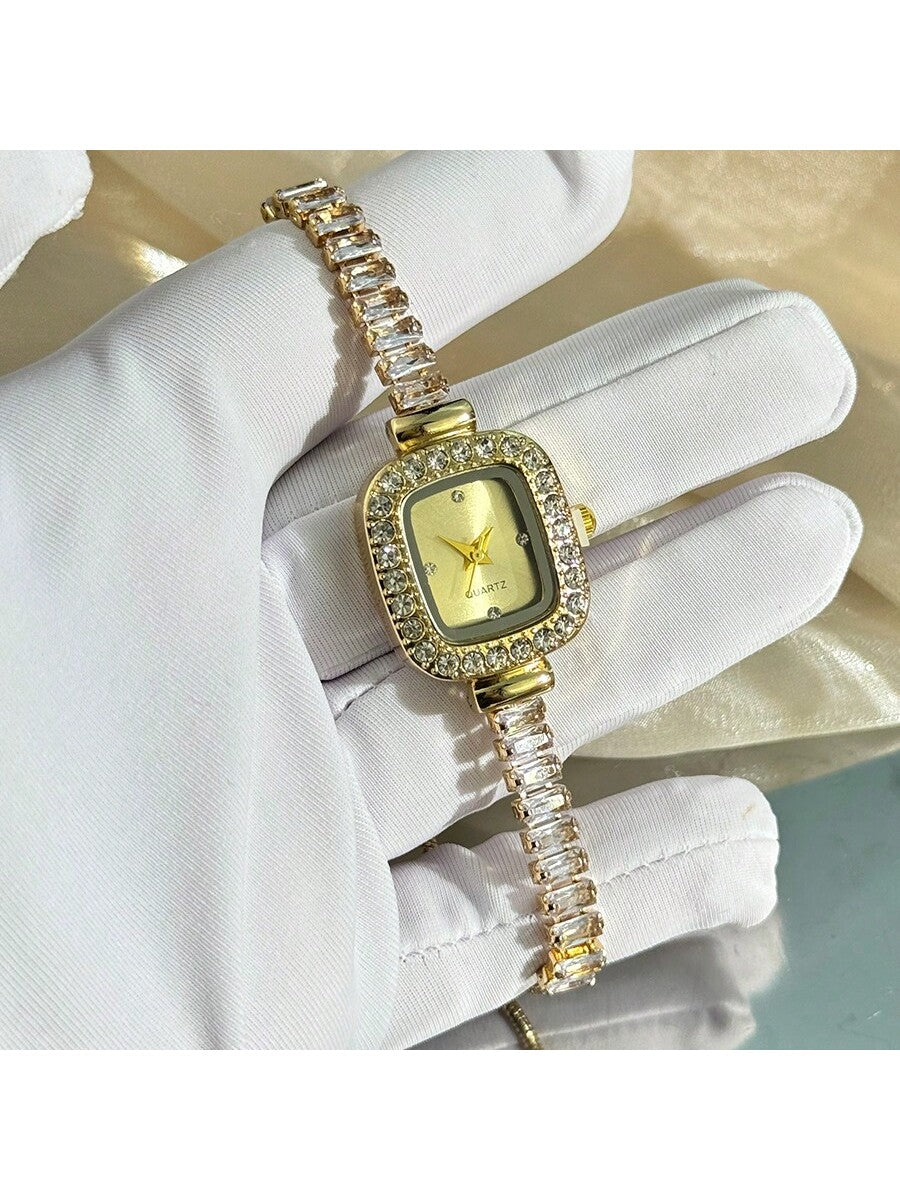 1pc Women's Black Cubic Zirconia Embellished Adjustable Bracelet Watch