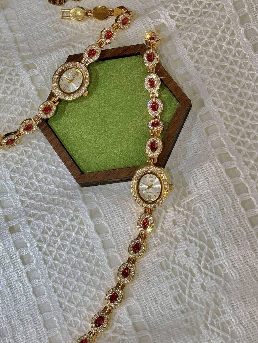 1pc New High-End Colorful Aquamarine Gemstone & Cubic Zirconia Inlaid Luxury Vintage Elegant Women’s Watch
