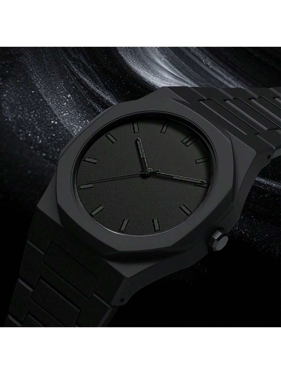 1 Piece Men's And Women's Black Rubber Strap Sporty, Casual, Creative Design, Adjustable Strap, Studded Round Dial Watch