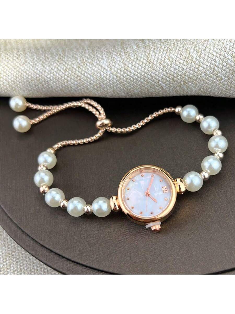 1pc Women Pearl Pull-Out Watch Chain, Exquisite Round Case, Fashion Metal Bracelet Watch, Suitable for Students