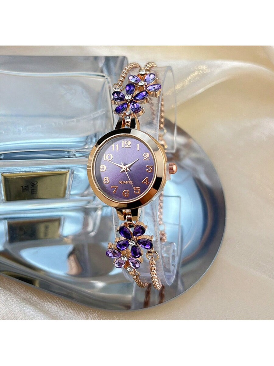 Women's Elegant Quartz Watch – Floral Crystal Bracelet with Green Dial & Gold Accents