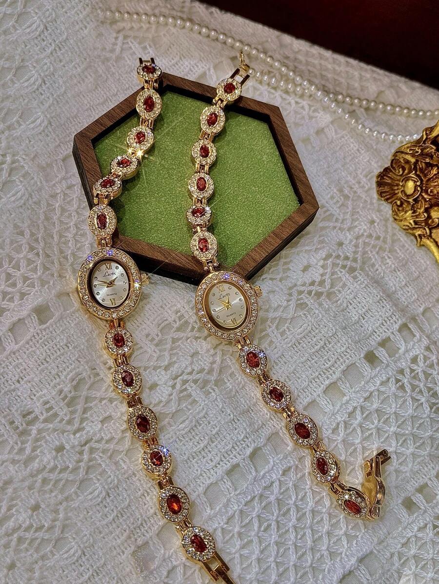 1pc New High-End Colorful Aquamarine Gemstone & Cubic Zirconia Inlaid Luxury Vintage Elegant Women’s Watch