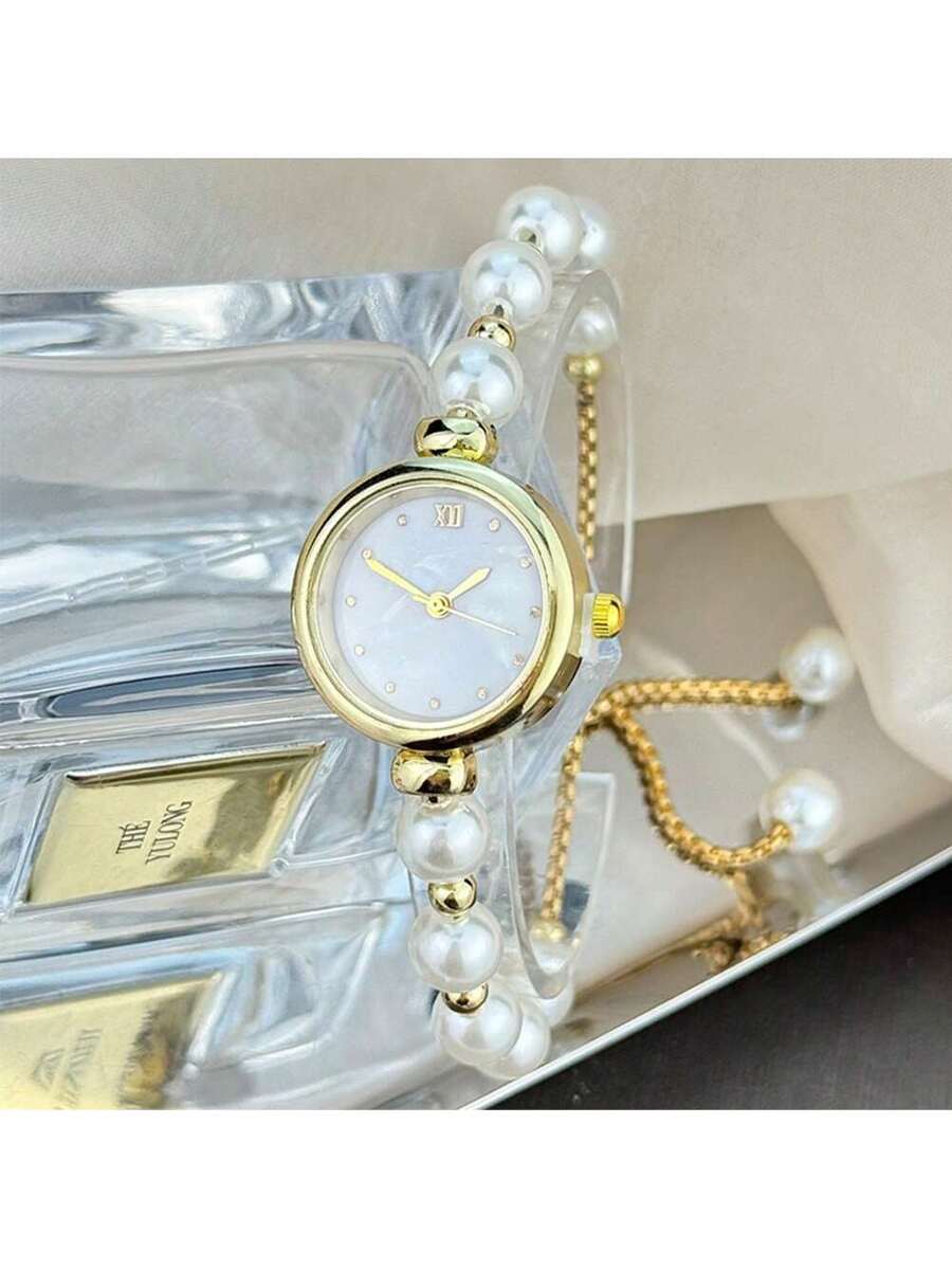 1pc Women Pearl Pull-Out Watch Chain, Exquisite Round Case, Fashion Metal Bracelet Watch, Suitable for Students