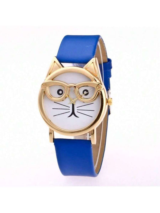Cat Dial Gift Fashion With Glasses Strap Quartz Men's And Women's Watches (Large Dial)