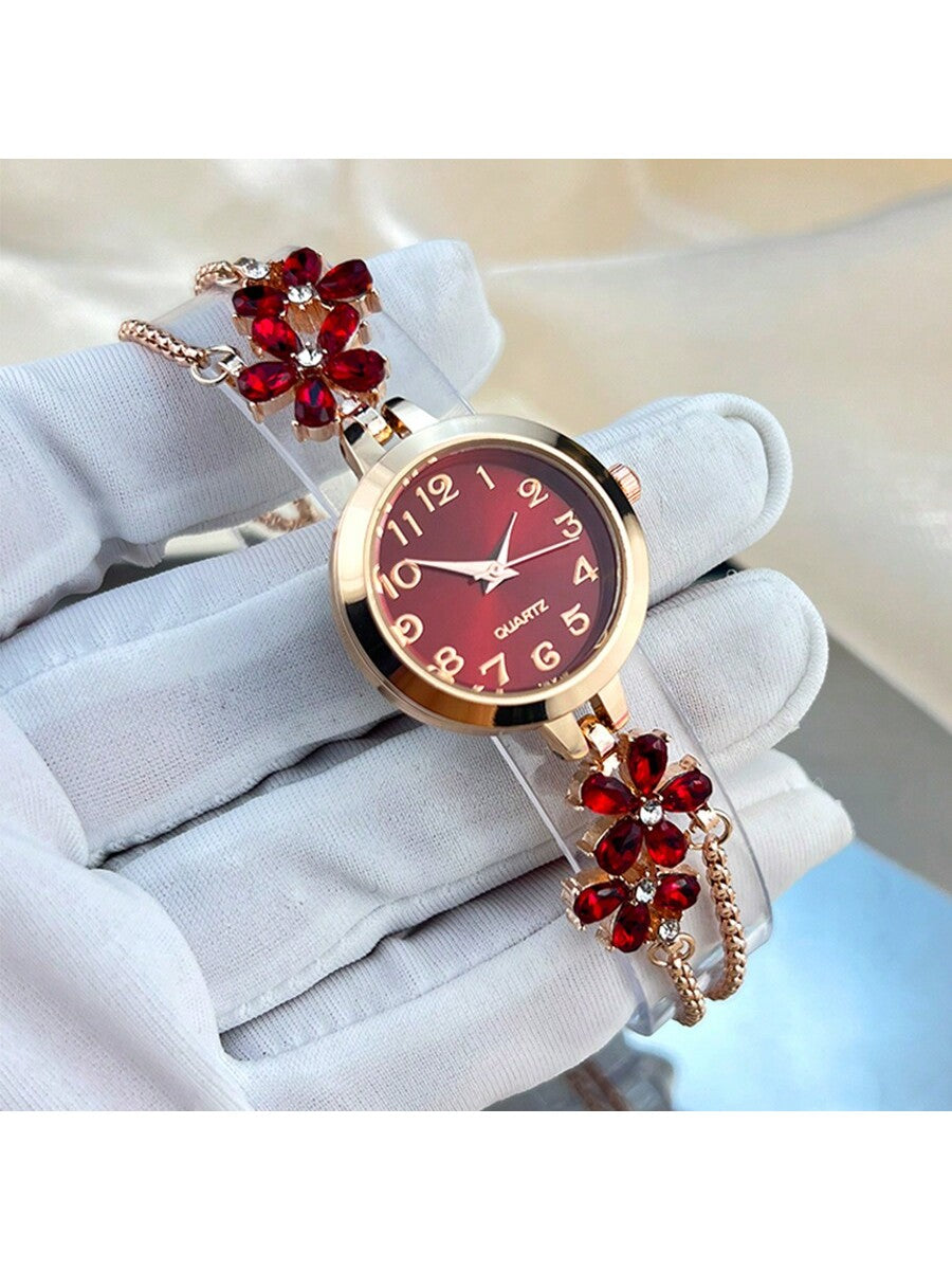 Women's Elegant Quartz Watch – Floral Crystal Bracelet with Green Dial & Gold Accents
