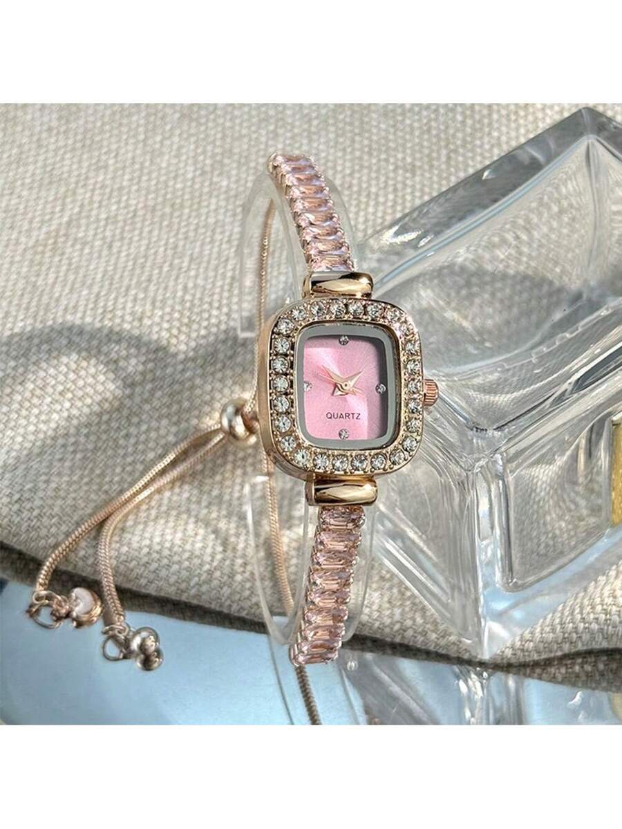 1pc Women's Black Cubic Zirconia Embellished Adjustable Bracelet Watch