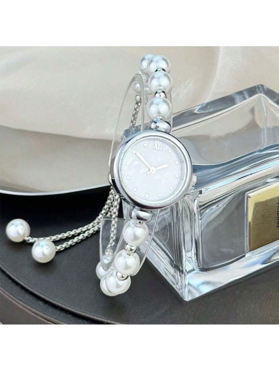 1pc Women Pearl Pull-Out Watch Chain, Exquisite Round Case, Fashion Metal Bracelet Watch, Suitable for Students
