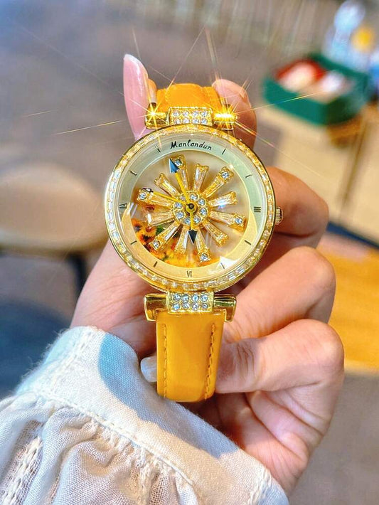 1pc Fashionable Women's Watch With Transparent Back, Rhinestone Inlaid, Rotating Galaxy Dial, Sunflower Design