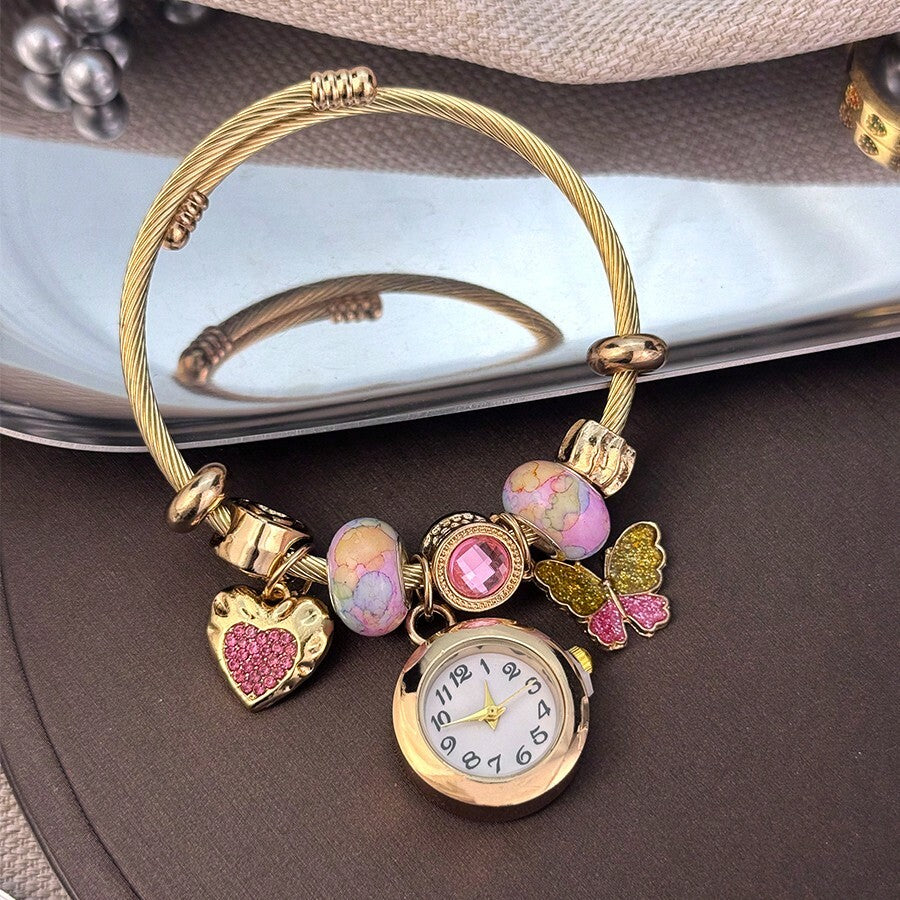 Women's Fashionable Stretch Bracelet Watch with Pink Heart, Floral, Rhinestone & Colorful Beads