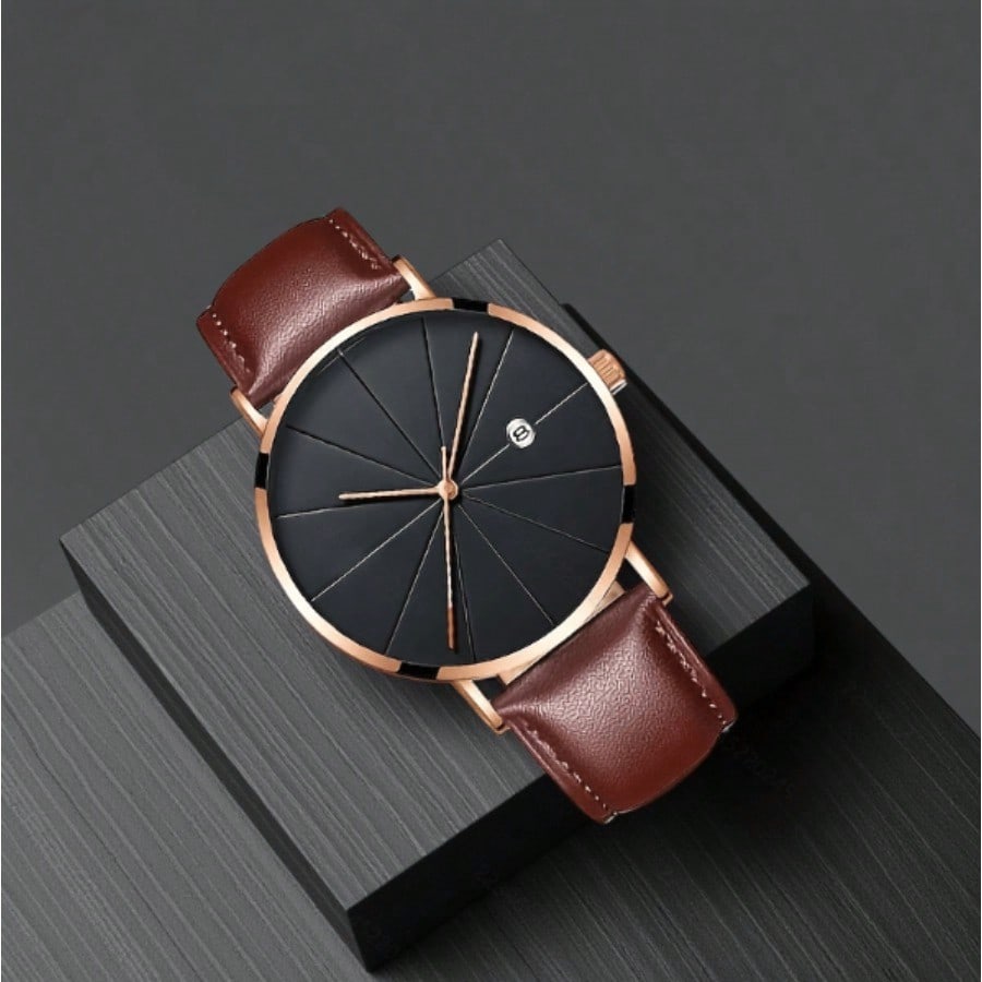 Men's Minimalist Waterproof Quartz Watch – Brown Leather Strap, Date Display, Modern Dial Design