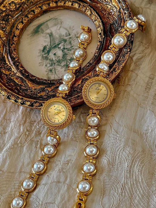 1pc Gold French Fashion Elegant Women Water-Resistant 30m Quartz Watch, With Pearl Strap, Bohemian Vintage Court Style Circular Quartz Wristwatch